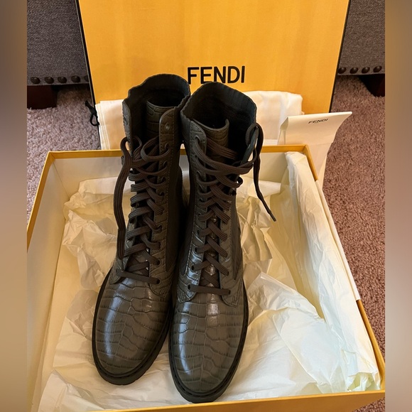 New FENDI boots FF Croc Embossed Womens Combat Boots 38 - Picture 6 of 10